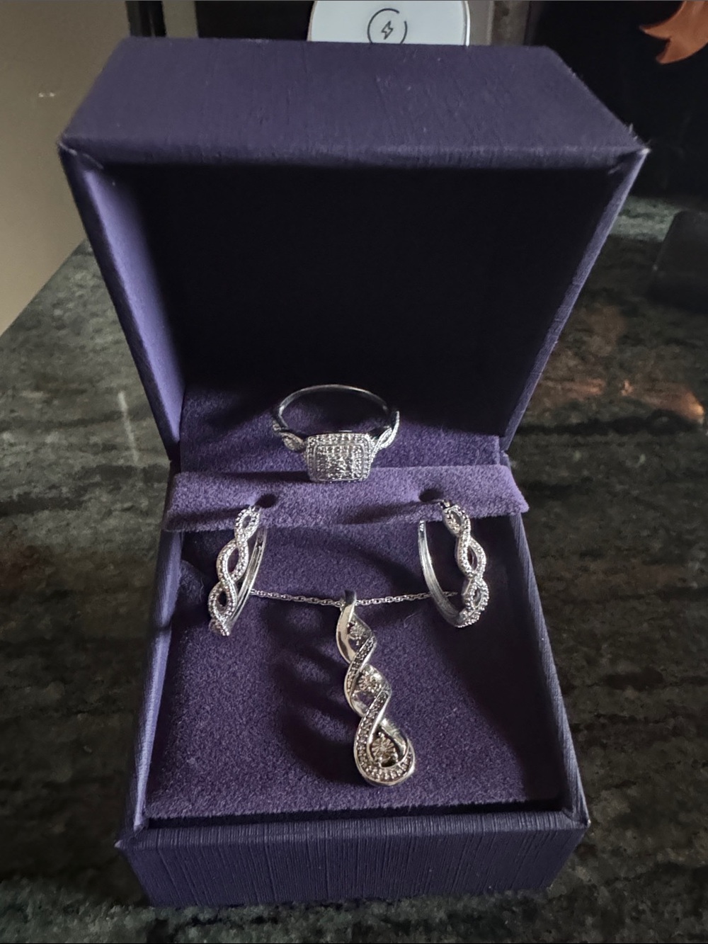 Sterling Silver Twist Pendant Necklace, Hoop & Ring Set - Silver and diamonds
